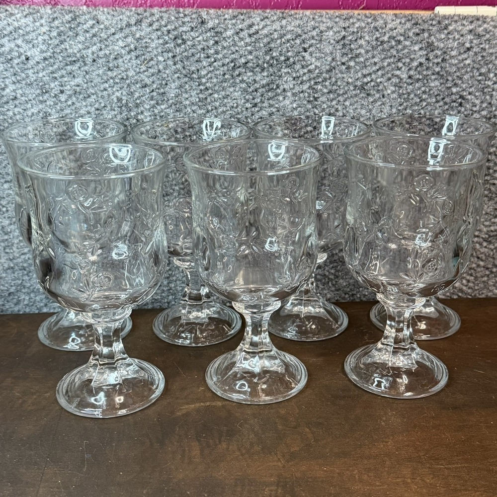 Anchor Hocking Savannah Clear Embossed Floral Goblets Set of 7 Vintage